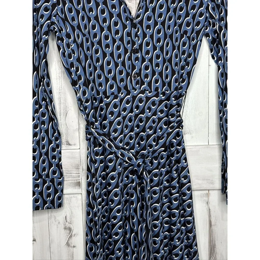 Boden Laura Shirt Dress 4P Petite Tencel Jersey Azure Blue Geo Chain Midi Belted - Picture 3 of 13